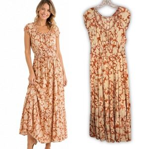 Old Navy Rust Floral Smocked Waist Maxi Dress Flutter Sleeve Medium Peasant